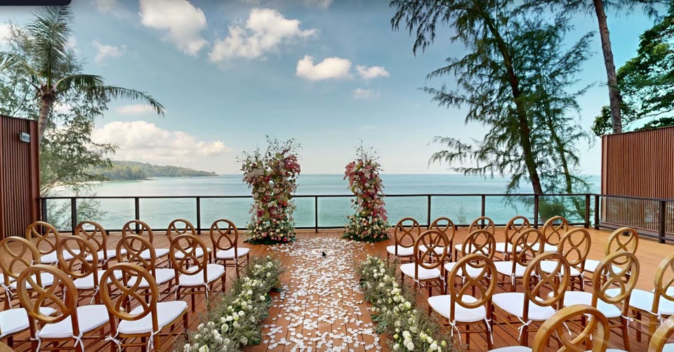 The wedding deck at Pullman Phuket Arcadia Naithon Beach in the Matterport tour, looking along the aisle to the sea